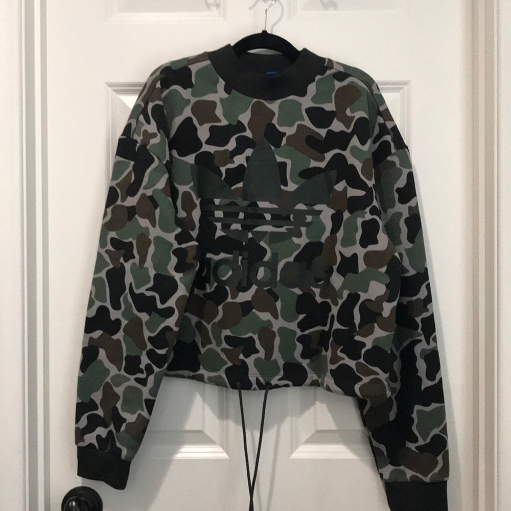 Adidas Camo Print Drawstring Crop Sweatshirt